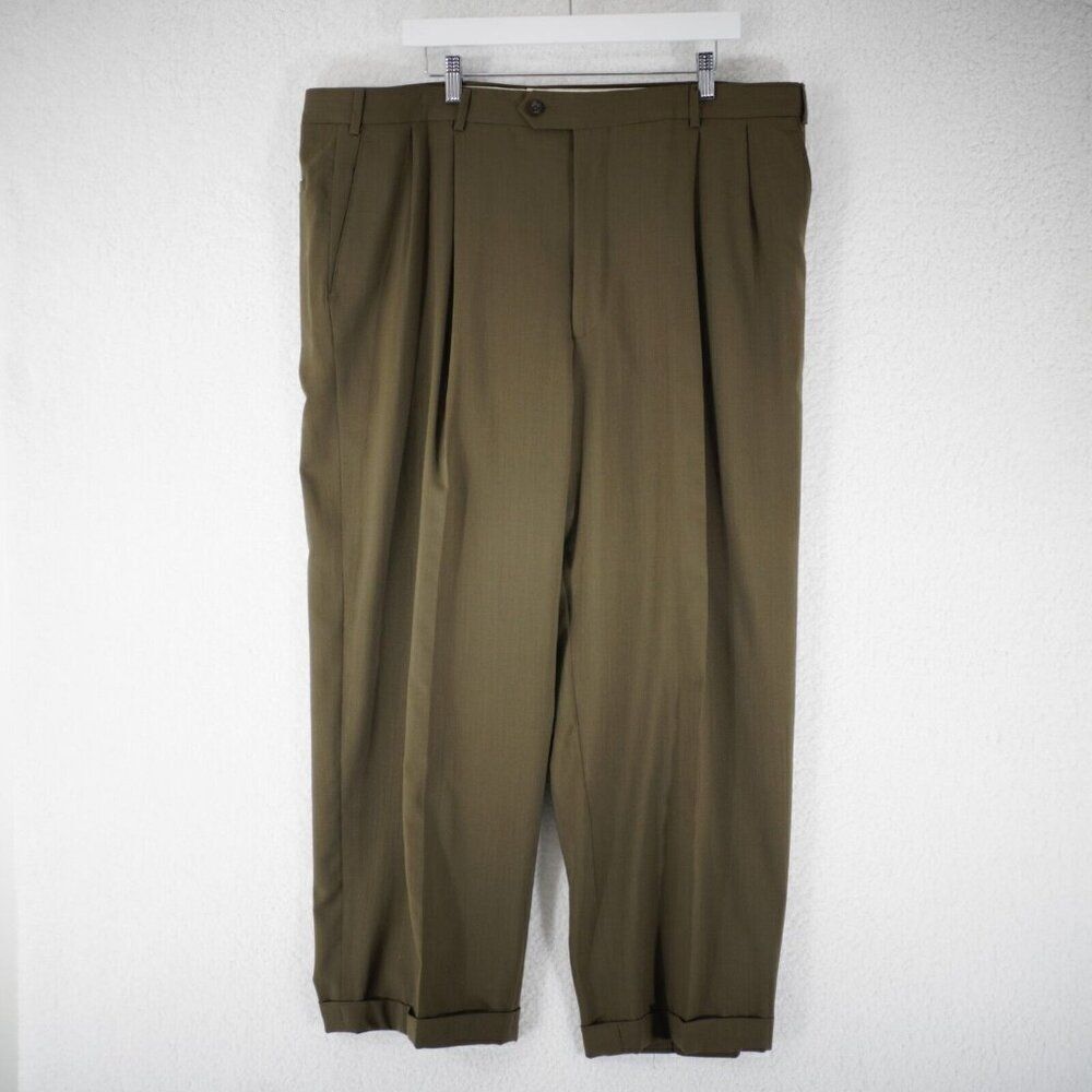 Pronto Uomo Worsted Wool Green Pleated Cuffed High Rise Dress Pants‎ 42/29 Lined
